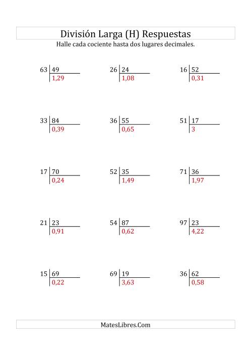 La hoja de ejercicios de División Larga en Formato Europeo -- Divisor de 2 Dígitos, Dividendo de 2 Dígitos, Con Decimales (H) Página 2