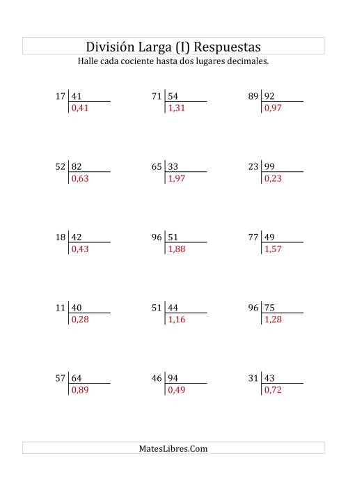 La hoja de ejercicios de División Larga en Formato Europeo -- Divisor de 2 Dígitos, Dividendo de 2 Dígitos, Con Decimales (I) Página 2