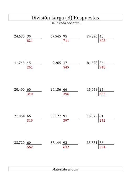 La hoja de ejercicios de División Larga en Formato Europeo -- Divisor de 2 Dígitos, Cociente de 3 Dígitos, Sin Resto (B) Página 2