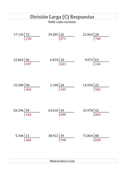 La hoja de ejercicios de División Larga en Formato Europeo -- Divisor de 2 Dígitos, Cociente de 3 Dígitos, Sin Resto (C) Página 2