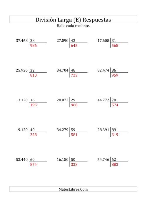 La hoja de ejercicios de División Larga en Formato Europeo -- Divisor de 2 Dígitos, Cociente de 3 Dígitos, Sin Resto (E) Página 2