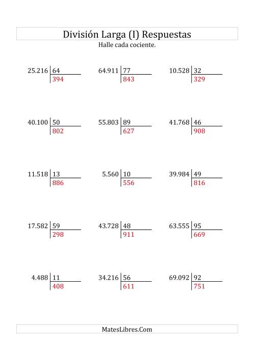 La hoja de ejercicios de División Larga en Formato Europeo -- Divisor de 2 Dígitos, Cociente de 3 Dígitos, Sin Resto (I) Página 2