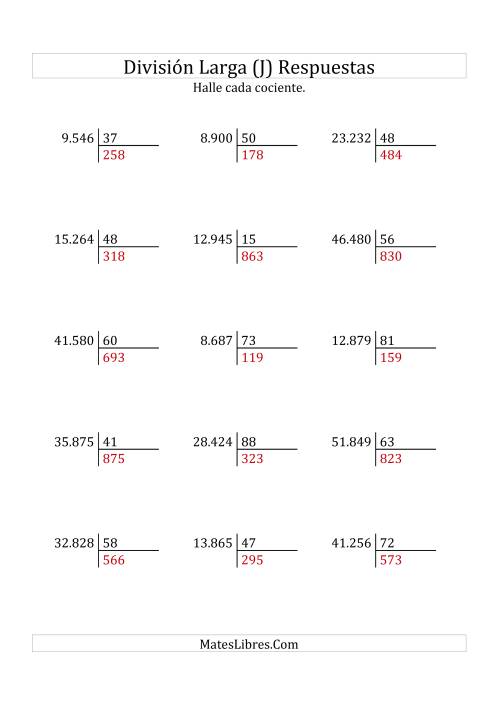 La hoja de ejercicios de División Larga en Formato Europeo -- Divisor de 2 Dígitos, Cociente de 3 Dígitos, Sin Resto (J) Página 2