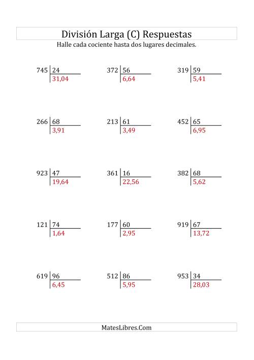 La hoja de ejercicios de División Larga en Formato Europeo -- Divisor de 2 Dígitos, Dividendo de 3 Dígitos, Con Decimales (C) Página 2
