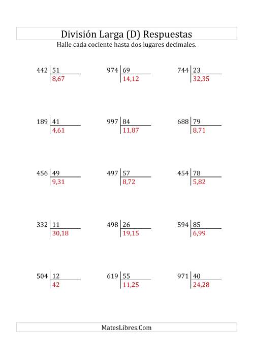 La hoja de ejercicios de División Larga en Formato Europeo -- Divisor de 2 Dígitos, Dividendo de 3 Dígitos, Con Decimales (D) Página 2