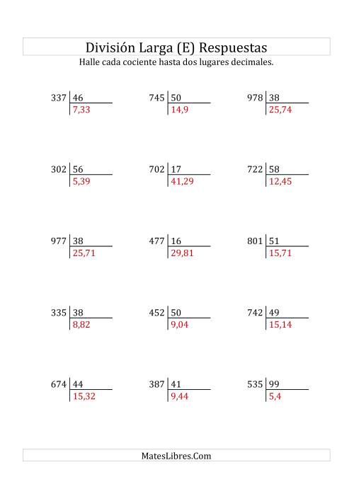 La hoja de ejercicios de División Larga en Formato Europeo -- Divisor de 2 Dígitos, Dividendo de 3 Dígitos, Con Decimales (E) Página 2