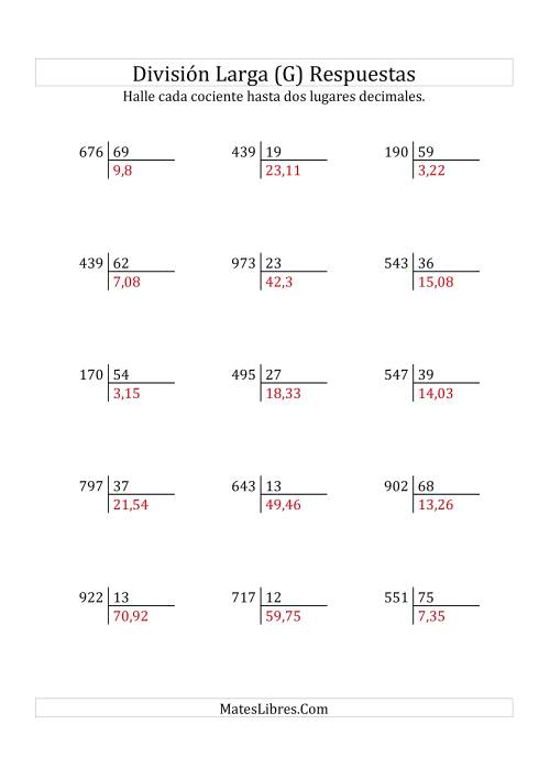La hoja de ejercicios de División Larga en Formato Europeo -- Divisor de 2 Dígitos, Dividendo de 3 Dígitos, Con Decimales (G) Página 2