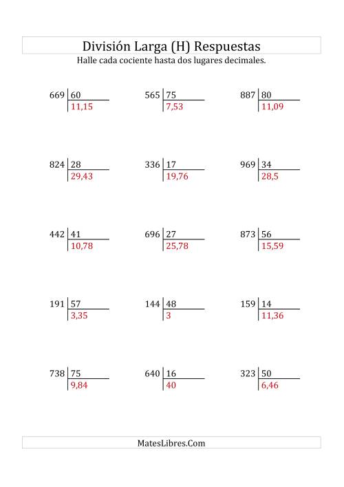 La hoja de ejercicios de División Larga en Formato Europeo -- Divisor de 2 Dígitos, Dividendo de 3 Dígitos, Con Decimales (H) Página 2