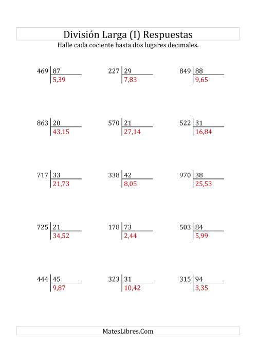 La hoja de ejercicios de División Larga en Formato Europeo -- Divisor de 2 Dígitos, Dividendo de 3 Dígitos, Con Decimales (I) Página 2