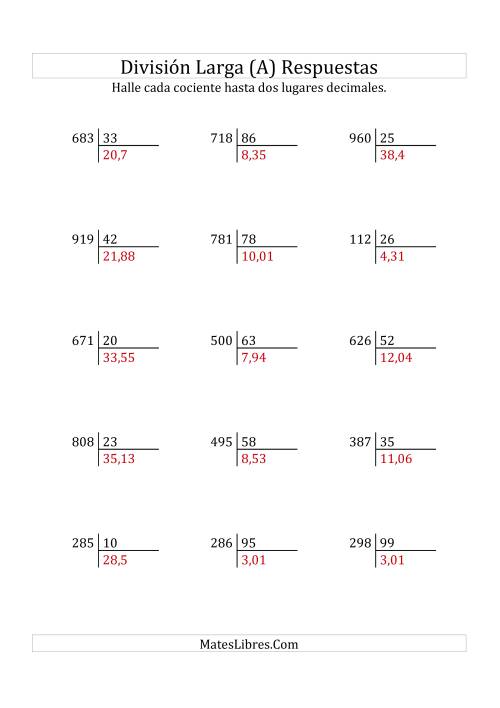 La hoja de ejercicios de División Larga en Formato Europeo -- Divisor de 2 Dígitos, Dividendo de 3 Dígitos, Con Decimales (Todas) Página 2