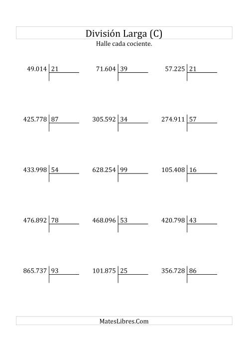 La hoja de ejercicios de División Larga en Formato Europeo -- Divisor de 2 Dígitos, Cociente de 4 Dígitos, Sin Resto (C)