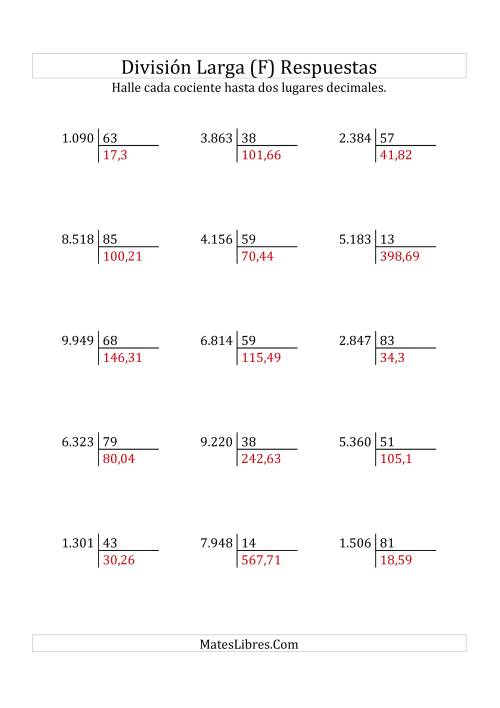 La hoja de ejercicios de División Larga en Formato Europeo -- Divisor de 2 Dígitos, Dividendo de 4 Dígitos, Con Decimales (F) Página 2