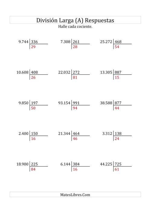La hoja de ejercicios de División Larga en Formato Europeo -- Divisor de 3 Dígitos, Cociente de 2 Dígitos, Sin Resto (A) Página 2