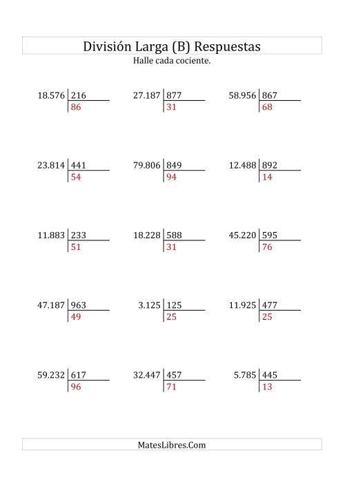 La hoja de ejercicios de División Larga en Formato Europeo -- Divisor de 3 Dígitos, Cociente de 2 Dígitos, Sin Resto (B) Página 2