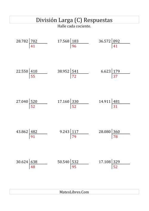 La hoja de ejercicios de División Larga en Formato Europeo -- Divisor de 3 Dígitos, Cociente de 2 Dígitos, Sin Resto (C) Página 2
