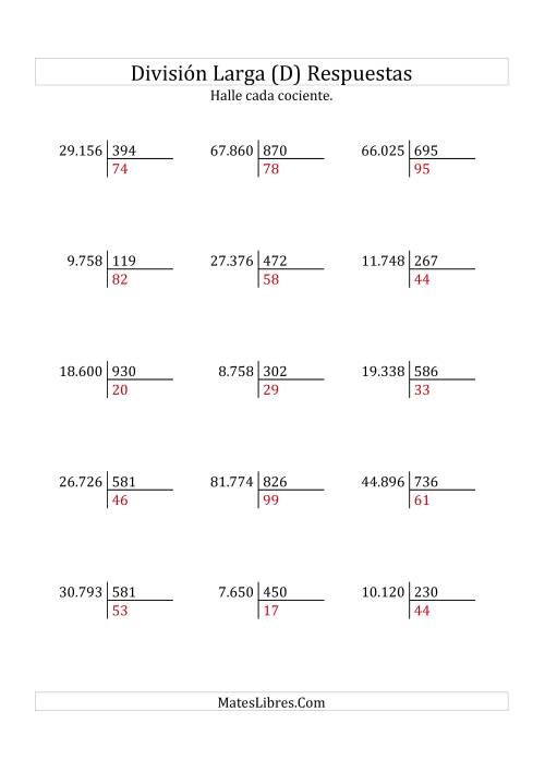 La hoja de ejercicios de División Larga en Formato Europeo -- Divisor de 3 Dígitos, Cociente de 2 Dígitos, Sin Resto (D) Página 2