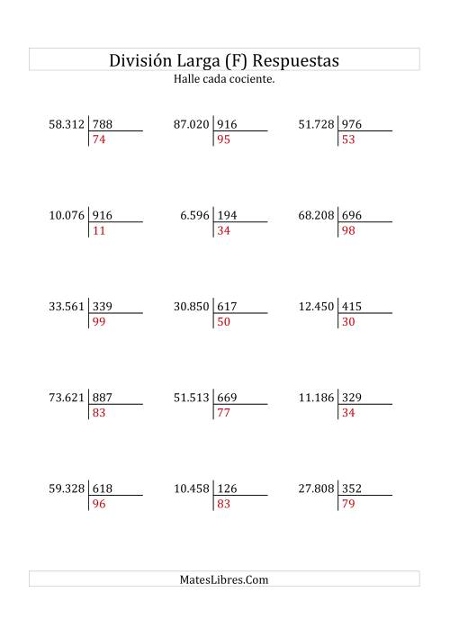 La hoja de ejercicios de División Larga en Formato Europeo -- Divisor de 3 Dígitos, Cociente de 2 Dígitos, Sin Resto (F) Página 2
