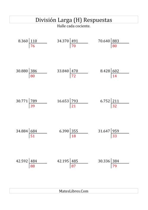La hoja de ejercicios de División Larga en Formato Europeo -- Divisor de 3 Dígitos, Cociente de 2 Dígitos, Sin Resto (H) Página 2