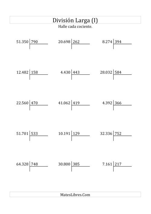 La hoja de ejercicios de División Larga en Formato Europeo -- Divisor de 3 Dígitos, Cociente de 2 Dígitos, Sin Resto (I)