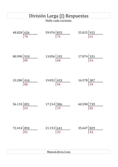 La hoja de ejercicios de División Larga en Formato Europeo -- Divisor de 3 Dígitos, Cociente de 2 Dígitos, Sin Resto (J) Página 2