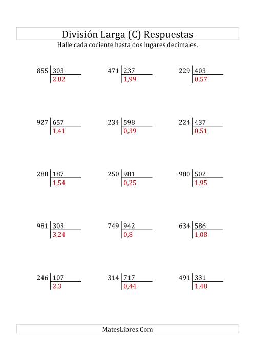 La hoja de ejercicios de División Larga en Formato Europeo -- Divisor de 3 Dígitos, Dividendo de 3 Dígitos, Con Decimales (C) Página 2