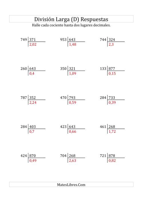 La hoja de ejercicios de División Larga en Formato Europeo -- Divisor de 3 Dígitos, Dividendo de 3 Dígitos, Con Decimales (D) Página 2