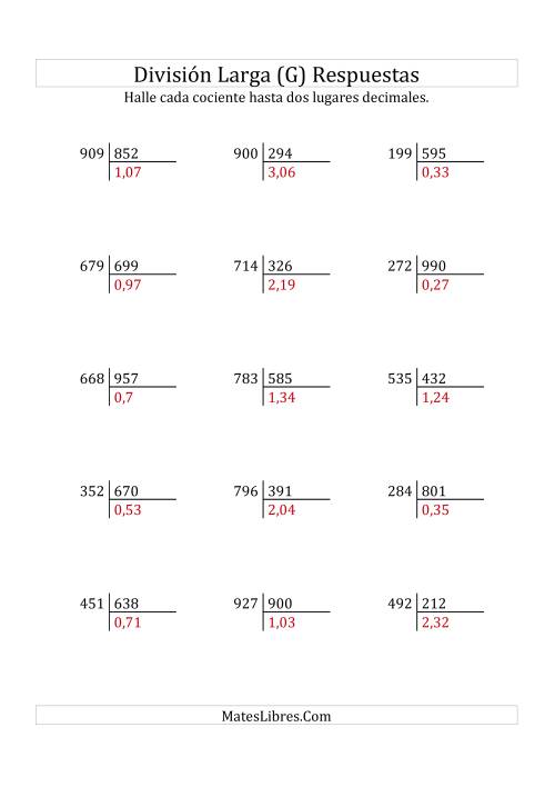La hoja de ejercicios de División Larga en Formato Europeo -- Divisor de 3 Dígitos, Dividendo de 3 Dígitos, Con Decimales (G) Página 2