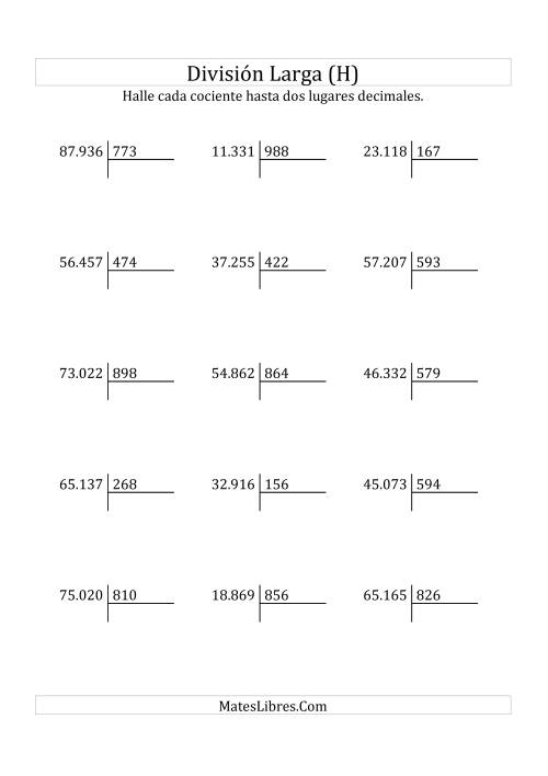 La hoja de ejercicios de División Larga en Formato Europeo -- Divisor de 3 Dígitos, Dividendo de 5 Dígitos, Con Decimales (H)