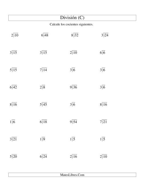 La hoja de ejercicios de División Larga sin Resto, Divisor de 1 Dígito, Cociente de 1 Dígito (C)