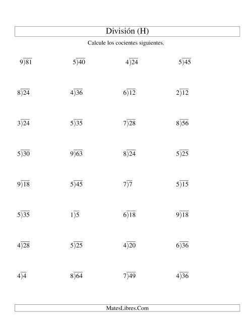 La hoja de ejercicios de División Larga sin Resto, Divisor de 1 Dígito, Cociente de 1 Dígito (H)