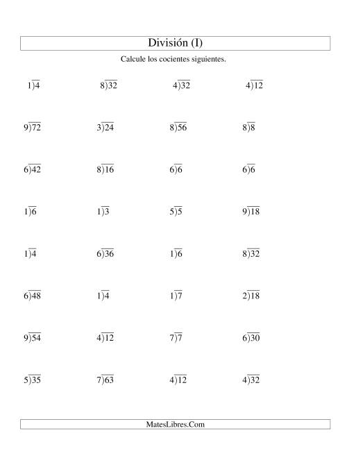 La hoja de ejercicios de División Larga sin Resto, Divisor de 1 Dígito, Cociente de 1 Dígito (I)