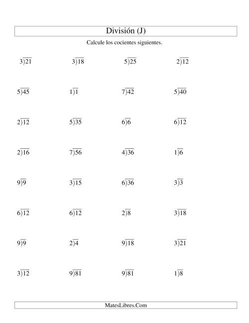 La hoja de ejercicios de División Larga sin Resto, Divisor de 1 Dígito, Cociente de 1 Dígito (J)