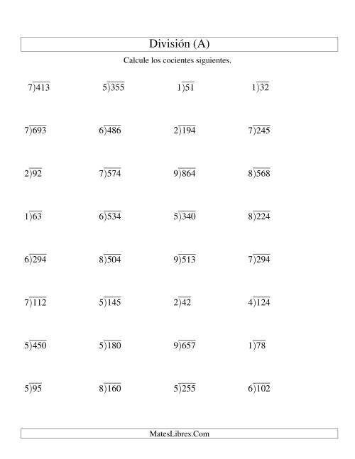 La hoja de ejercicios de División Larga sin Resto, Divisor de 1 Dígito, Cociente de 2 Dígitos (A)
