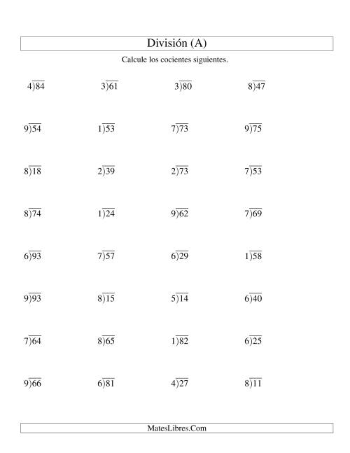 La hoja de ejercicios de División Larga con Cociente Decimal, Divisor de 1 Dígito, Dividendo de 2 Dígitos (A)
