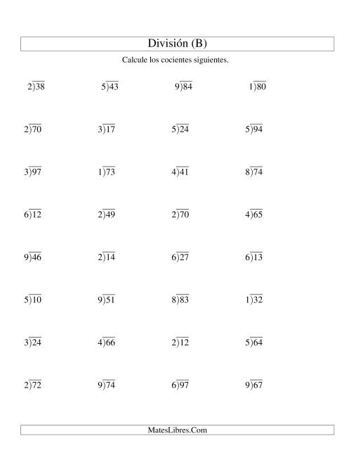 La hoja de ejercicios de División Larga con Cociente Decimal, Divisor de 1 Dígito, Dividendo de 2 Dígitos (B)
