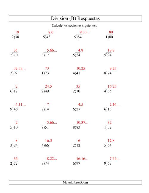 La hoja de ejercicios de División Larga con Cociente Decimal, Divisor de 1 Dígito, Dividendo de 2 Dígitos (B) Página 2