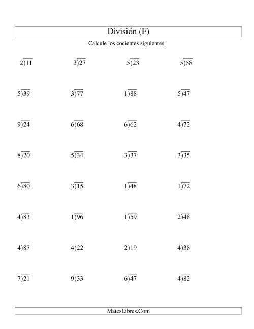 La hoja de ejercicios de División Larga con Cociente Decimal, Divisor de 1 Dígito, Dividendo de 2 Dígitos (F)