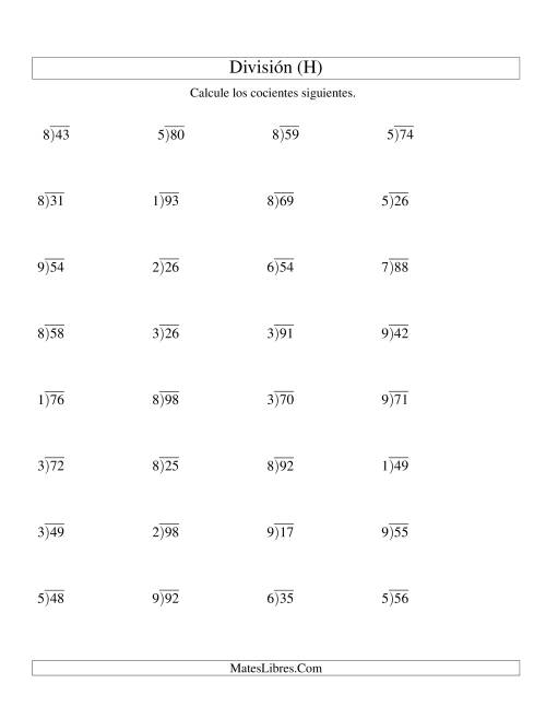 La hoja de ejercicios de División Larga con Cociente Decimal, Divisor de 1 Dígito, Dividendo de 2 Dígitos (H)