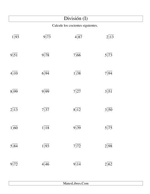 La hoja de ejercicios de División Larga con Cociente Decimal, Divisor de 1 Dígito, Dividendo de 2 Dígitos (I)