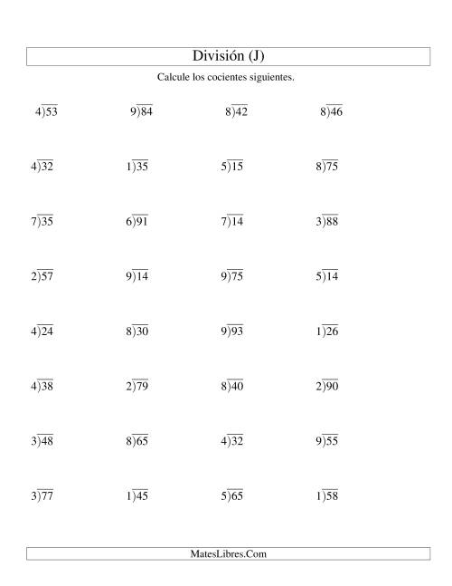 La hoja de ejercicios de División Larga con Cociente Decimal, Divisor de 1 Dígito, Dividendo de 2 Dígitos (J)