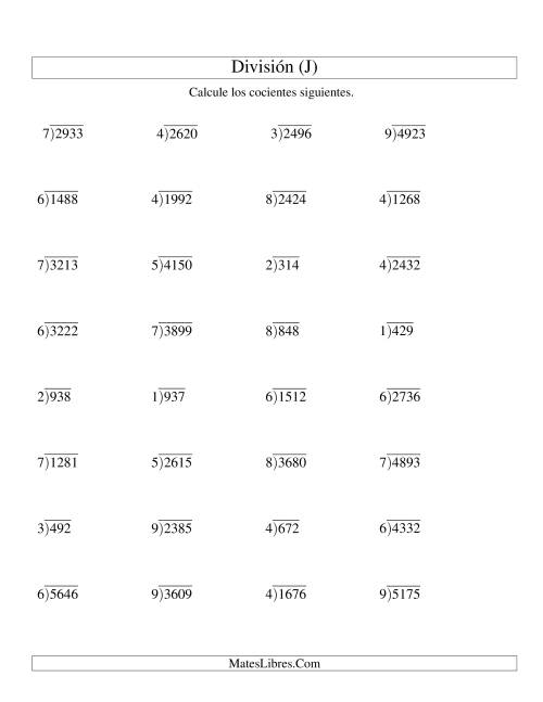 La hoja de ejercicios de División Larga sin Resto, Divisor de 1 Dígito, Cociente de 3 Dígitos (J)