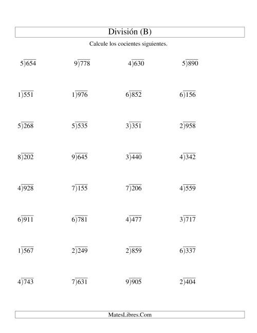 La hoja de ejercicios de División Larga con Cociente Decimal, Divisor de 1 Dígito, Dividendo de 3 Dígitos (B)