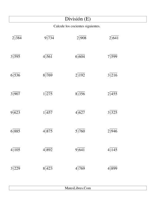 La hoja de ejercicios de División Larga con Cociente Decimal, Divisor de 1 Dígito, Dividendo de 3 Dígitos (E)