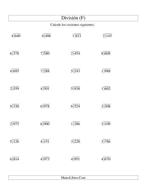 La hoja de ejercicios de División Larga con Cociente Decimal, Divisor de 1 Dígito, Dividendo de 3 Dígitos (F)