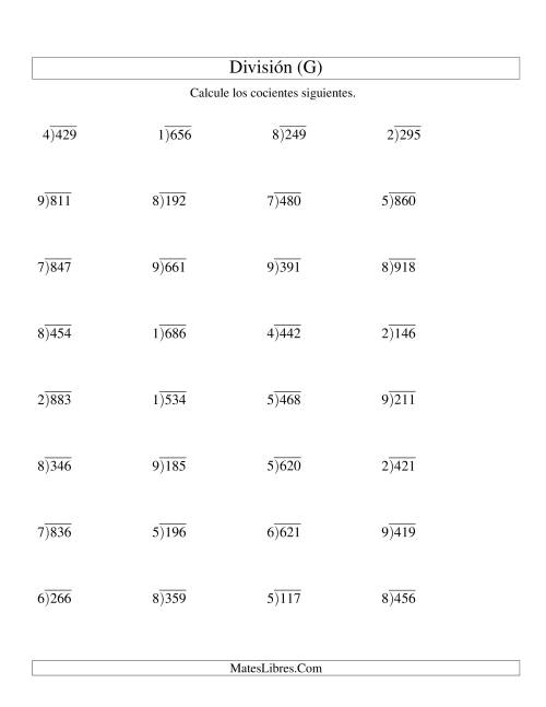 La hoja de ejercicios de División Larga con Cociente Decimal, Divisor de 1 Dígito, Dividendo de 3 Dígitos (G)