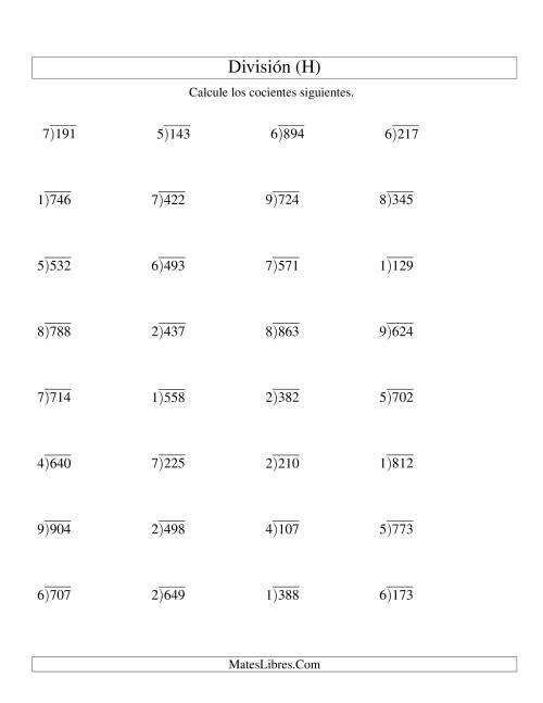 La hoja de ejercicios de División Larga con Cociente Decimal, Divisor de 1 Dígito, Dividendo de 3 Dígitos (H)