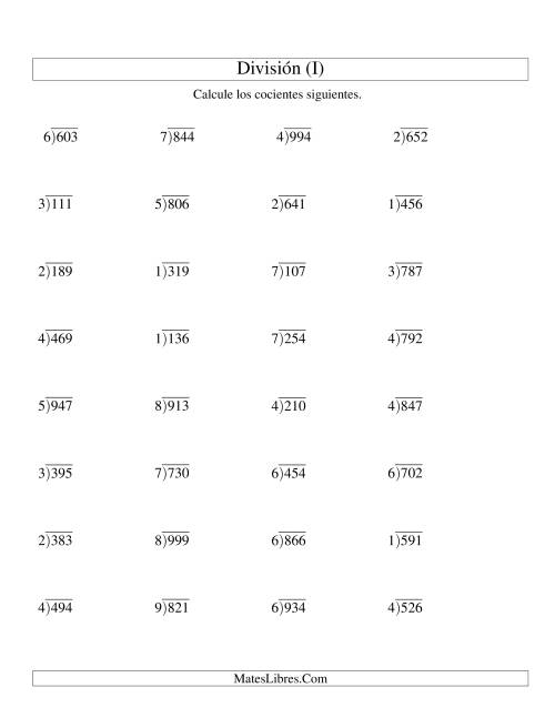 La hoja de ejercicios de División Larga con Cociente Decimal, Divisor de 1 Dígito, Dividendo de 3 Dígitos (I)