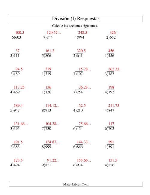 La hoja de ejercicios de División Larga con Cociente Decimal, Divisor de 1 Dígito, Dividendo de 3 Dígitos (I) Página 2