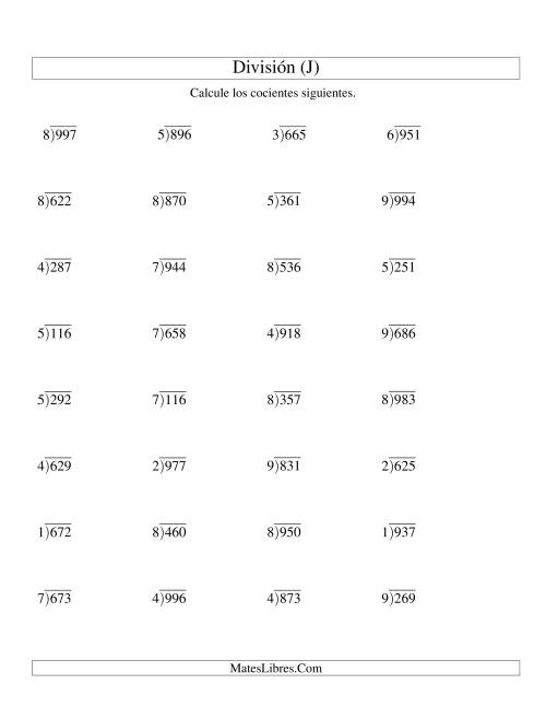 La hoja de ejercicios de División Larga con Cociente Decimal, Divisor de 1 Dígito, Dividendo de 3 Dígitos (J)