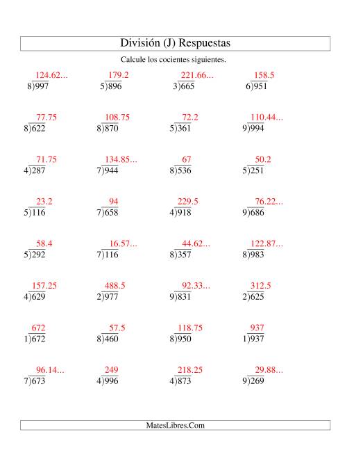 La hoja de ejercicios de División Larga con Cociente Decimal, Divisor de 1 Dígito, Dividendo de 3 Dígitos (J) Página 2